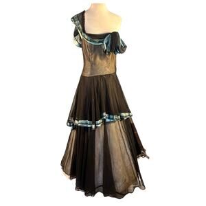 Vintage 40s Aqua Bows Black Lace Sheer Black One Shoulder Tiered Skirt Gown M